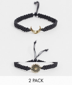 Набор тканевых браслетов с золотистыми солнцем и полумесяцем Reclaimed Vintage Inspired-Черный цвет