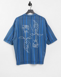 Oversized-футболка голубого цвета в полоску и с принтом контурного рисунка цветка на спине ASOS DESIGN-Голубой