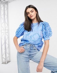Синий фактурный топ с объемными рукавами, оборками и жаккардовым узором Vero Moda-Голубой