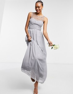 Серое шифоновое платье макси с искусственным жемчугом Little Mistress Bridesmaid-Серый