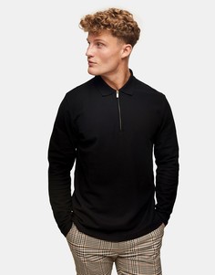 Черное поло с длинными рукавами из пике Topman-Черный цвет
