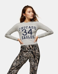 Серый меланжевый топ с длинными рукавами и надписью "Chicago Eagles" Topshop-Коричневый цвет
