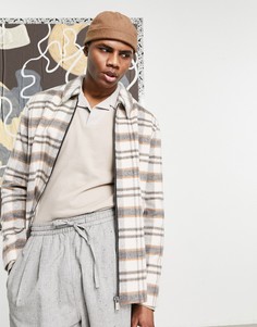 Куртка Харрингтон с добавлением шерсти цвета экрю в клетку ASOS DESIGN-Белый