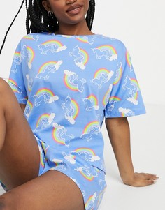 Голубой пижамный комплект из футболки и шорт с принтом радуги и единорогов ASOS DESIGN