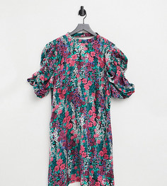 Атласное платье А-силуэта с пышными рукавами и цветочным принтом Simply Be-Многоцветный