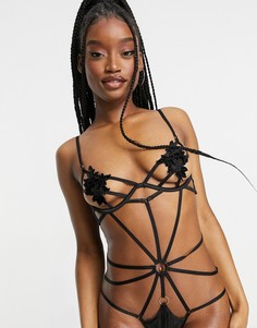 Черное боди с ремешками и цветочной аппликацией Hunkemoller Effie-Черный цвет