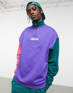 Oversized-свитшот из органического хлопка в стиле ретро колор-блок с короткой молнией и принтом на груди ASOS DESIGN-Фиолетовый цвет