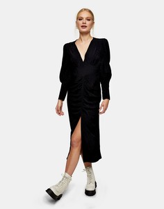 Черное жаккардовое платье миди с рюшами спереди Topshop-Черный цвет