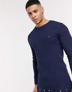 Темно-синий лонгслив из вафельного трикотажа с логотипом для дома Polo Ralph Lauren
