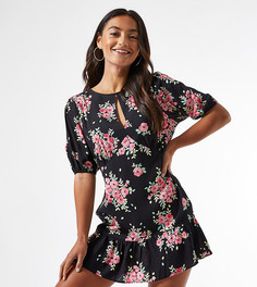 Черное чайное платье с цветочным принтом Miss Selfridge Petite-Черный цвет