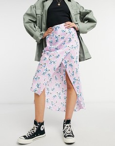 Атласная юбка миди мятного цвета косого кроя с цветочным принтом River Island-Зеленый цвет