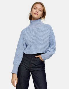 Голубой укороченный джемпер из синели с высоким воротником Topshop
