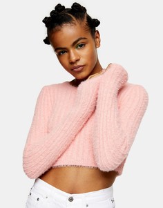 Розовый пушистый укороченный джемпер в рубчик Topshop-Розовый цвет