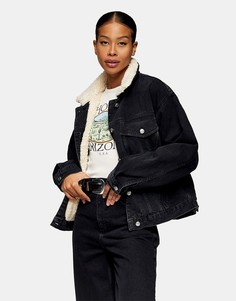 Черная джинсовая куртка в стиле oversized с подкладкой из искусственного меха Topshop-Коричневый цвет