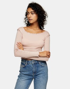 Серо-коричневый топ с длинными рукавами и фигурным краем Topshop-Коричневый цвет