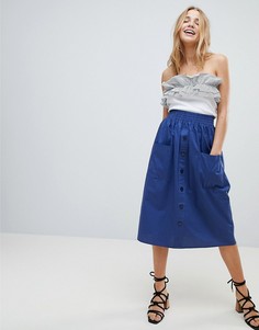 Хлопковая юбка миди на пуговицах ASOS DESIGN-Темно-синий