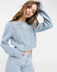 Голубой укороченный джемпер с узором «косы» и цветочной вышивкой Vero Moda