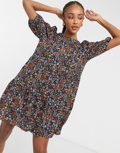 Свободное платье мини с пышными рукавами и цветочным принтом фиолетового и оранжевого цвета Only-Многоцветный