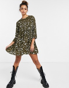 Свободное платье мини цвета хаки с длинными рукавами и цветочным принтом ASOS DESIGN-Многоцветный