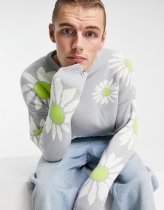 Серый трикотажный oversized-джемпер с цветочным узором ASOS DESIGN