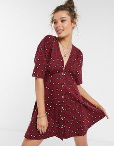 Бордовое чайное платье на пуговицах с цветочным принтом ASOS DESIGN-Фиолетовый цвет