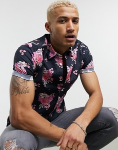 Темно-синяя эластичная узкая рубашка с цветочным принтом ASOS DESIGN-Темно-синий