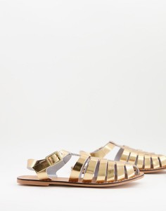 Кожаные плетеные босоножки на плоской подошве цвета золотистый металлик ASOS DESIGN Marina