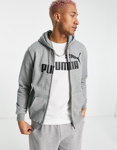 Серый худи на молнии с крупным логотипом PUMA Essentials