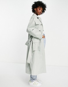 Шалфейно-зеленый oversize-тренч с карманами ASOS DESIGN Luxe-Серый
