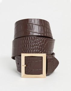 Коричневый кожаный ремень для джинсов с отделкой под крокодиловую кожу и квадратной пряжкой ASOS DESIGN-Коричневый цвет