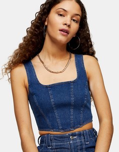 Джинсовый кроп-топ в корсетном стиле цвета синего индиго Topshop-Голубой
