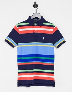 Темно-синяя футболка-поло из пике с разноцветными полосками и логотипом Polo Ralph Lauren-Темно-синий