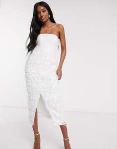 Белое облегающее платье-бандо миди с перьевой отделкой в 3D Forever U-Белый