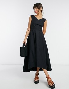 Черное плиссированное платье миди асимметричного кроя с V-образным вырезом Closet London-Черный цвет