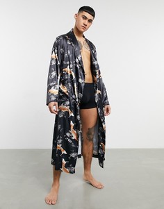 Атласный халат для дома с принтом рыбок от комплекта ASOS DESIGN-Черный цвет