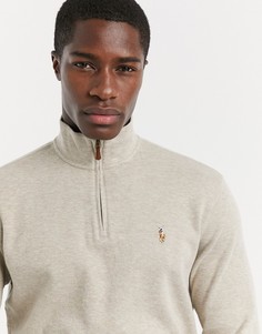 Бежевый меланжевый джемпер в рубчик с короткой молнией и логотипом Polo Ralph Lauren-Нейтральный