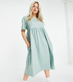 Шалфейно-зеленое платье миди с присборенной юбкой в стиле oversized ASOS DESIGN Petite-Зеленый цвет