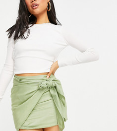 Мини-юбка цвета хаки с запахом и узлом ASOS DESIGN Petite-Зеленый цвет