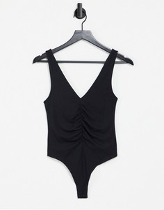 Черное присборенное боди с V-образными вырезами на груди и спине ASOS DESIGN-Черный цвет
