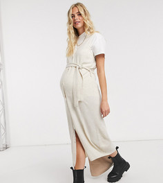 Бежевый трикотажный кардиган макси без рукавов Mamalicious Maternity-Neutral Mama.Licious