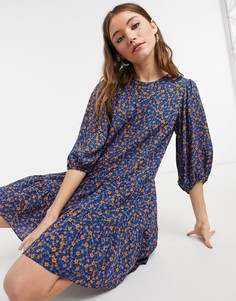 Двухъярусное свободное платье мини голубого цвета с цветочным принтом New Look-Голубой