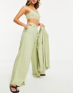 Зеленые выбеленные льняные брюки с широкими штанинами ASOS DESIGN-Зеленый цвет