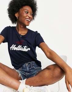 Темно-синяя футболка с логотипом Hollister-Темно-синий