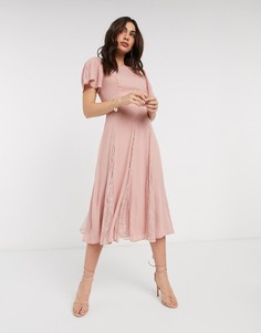 Платье миди с кружевными вставками  и отрезным лифом ASOS DESIGN-Розовый цвет