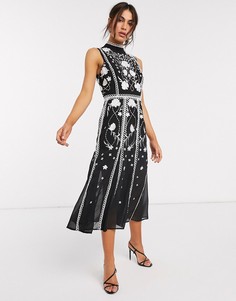 Платье миди с вышивкой и отделкой ASOS DESIGN-Многоцветный