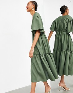 Оливково-зеленое ярусное платье миди с запахом из фактурной ткани ASOS EDITION-Зеленый цвет