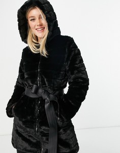 Двусторонняя утепленная куртка черного цвета с искусственным мехом и поясом Lipsy-Черный цвет