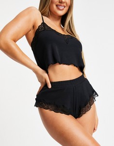 Черные шортики в рубчик с кружевной отделкой Hunkemoller X NA-KD Mia-Черный цвет