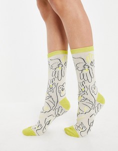 Носки с графическим цветочным принтом и лаймовыми краями, мысками и пяткой Selected Femme-Многоцветный