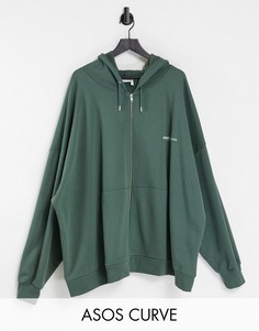 Oversized-худи цвета хаки на длинной молнии с логотипом от комплекта ASOS Weekend Collective Curve-Зеленый цвет